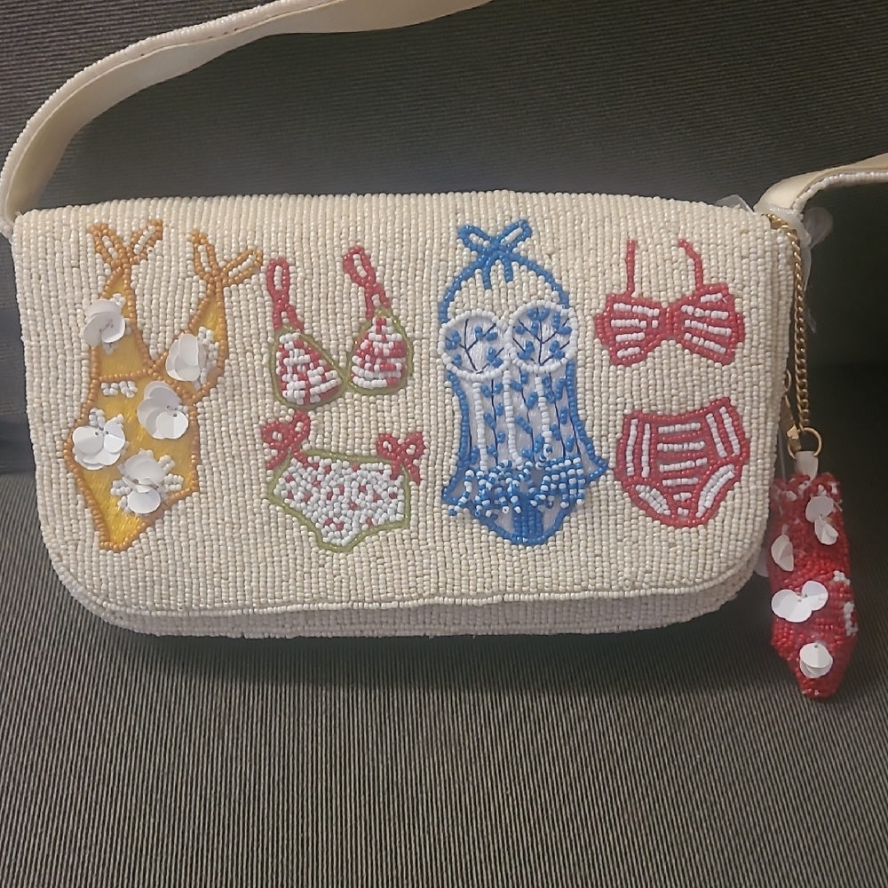Beaded White Clutch with Colorful Swim Motif